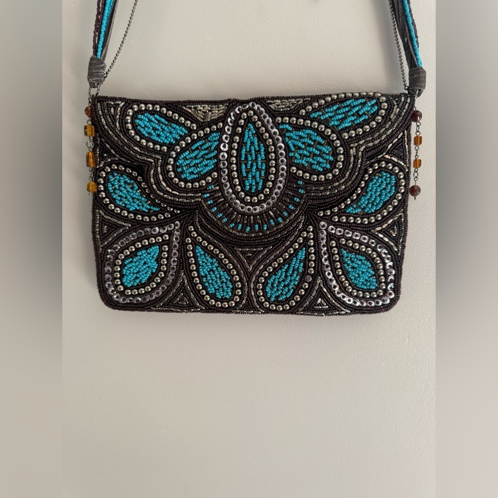 Ricki Designs Floral Beaded Chain Shoulder Strap Small Clutch Purse Turquoise